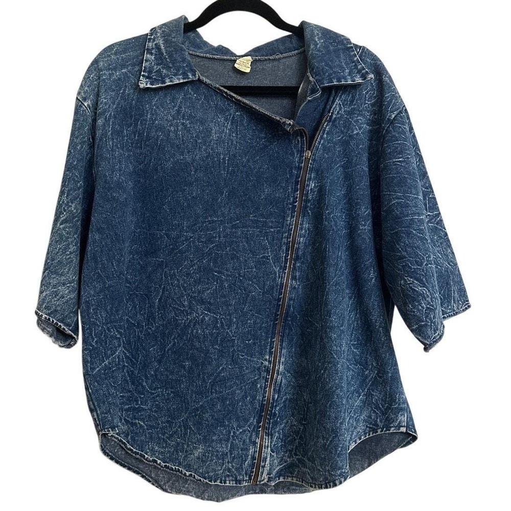 Vintage 80s Acid Wash Denim Moto Jacket Asymmetrical Zip Short‎ Sleeve USA 38